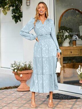 Womens Casual Long Sleeve Dress Fall Elegant Wedding Guest V-Neck Maxi Floral Dr